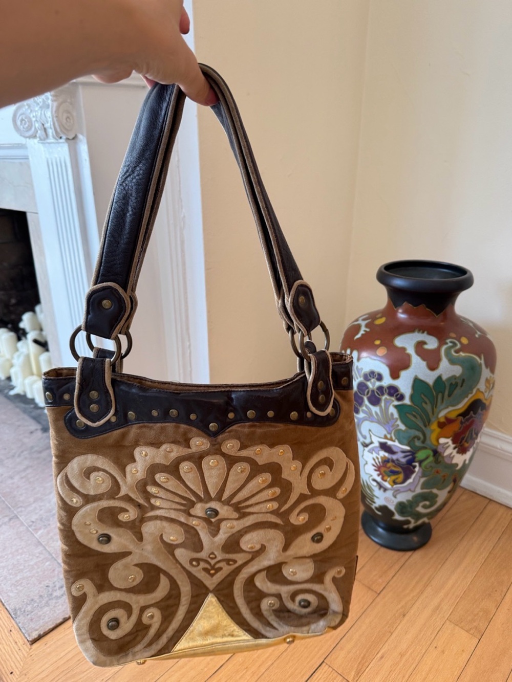 Laura Rosnovsky Brown and Tan Embroidered Suede Tote Bag